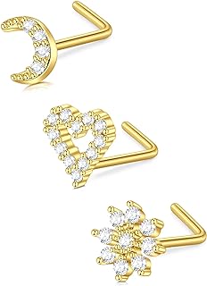 D.Bella 16G 18G 20G 22G L Shaped Nose Studs Surgical Steel 1.5mm 2mm 2.5mm 3mm Clear Colorful Diamond CZ Nose Rings Studs Nose Rings for Women Nose Nostril Piercing Jewerly Silver Gold Rose Gold Black