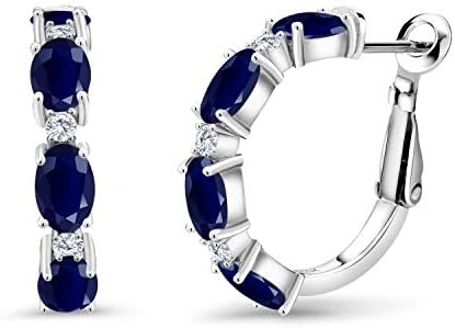 Elegant 925 Sterling Silver Hoop Earrings Accented with Blue Sapphire and White G-H Lab Grown Diamonds for Women, Lever Back, Oval and Round Design