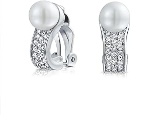 Bridal Crystal Fashion White Simulated Pearl Huggie Clip On Earrings For Women Non Pierced Ear Silver Plated Brass