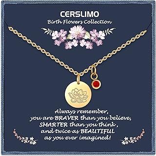 CERSLIMO Birthday Gifts for Her Birth Flower Necklaces, 18K Gold Plated Dainty Birth Month Floral Birthstone Disc Coin Pendant Necklaces | Women Wildflower Jewelry Gifts for Valentines Anniversary