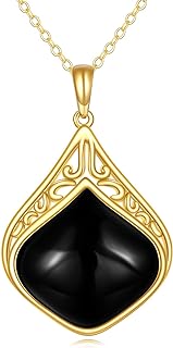 10k Yellow Gold and Black Onyx Teardrop Pendant Necklace with Rolo Chain and Box Clasp, Fine Nordic Filigree Design for Women and Girls