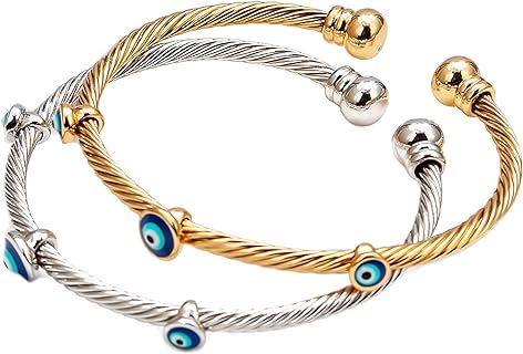 Evil Eye Bracelet–2-Piece Set 14K Gold Plated Protection Bracelet-Greek Turkish Blue Female Dainty Handmade Ojo Turco Evil Eye Bracelets for Women–Sterling Silver Evil Eye Cuff Bangles for Women Girls (2pcs Evil Eye Bangles)