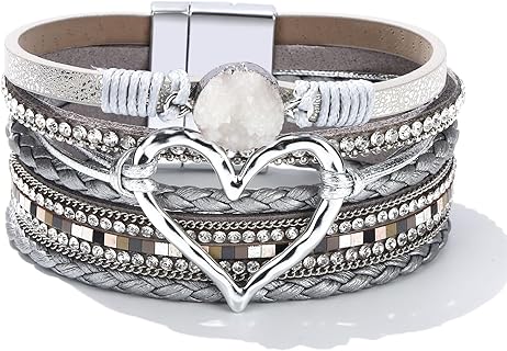 Women's Trendy Long Tiantian Leather Wrap Bracelet with a Braided Chain, Buckle Clasp, and Alloy Gem Heart Design