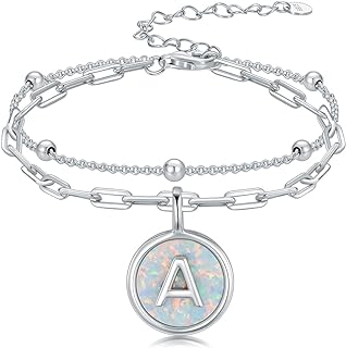 Initial Bracelet for Women Opal Bracelet Sterling Silver Letter A to Z October Birthstone Bracelet Bangle for Girls