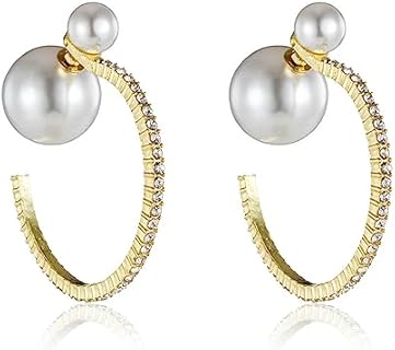 Vintage Pearl Jacket Earrings Large Pearl Hoop Earrings Big Crystal Hoop Earrings Large Half Hoop Earrings Wrapped Big Hoop Dangle Earrings Gold Pearl C Shape Earrings Pearl Wedding Earrings Two Way Studs Earrings Jewelry for Women and Girls Gifts