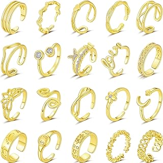 ZOERAY 20PCS 14K Gold Plated Adjustable Toe Rings for Women CZ Flower Butterfly Open Band Toe Ring Set Summer Beach Hypoallergenic Pinky Rings Foot Jewelry Set