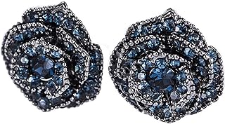 Silver-Plated Black Acrylic Crystal Stud Earrings for Women with Push Back, Rose Flower Design