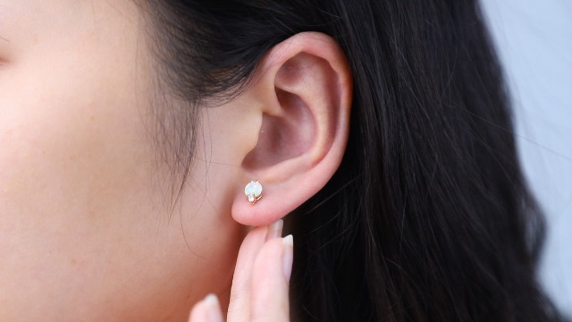 Gin & Grace 10K Yellow Gold Natural Ethiopian Opal Stud Earrings with Diamond Accents and Push Back for Women, Round Design