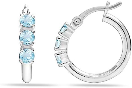 Teen Girls and Women's LeCalla Sterling Silver Hoop Earrings with Click-Top Back Finding and 3MM Round Gemstone Birthstone