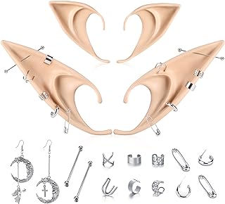 FRESHME Elf Ears with Earrings Set - 2 Pairs Fairy Pixie Soft Ears with Non-Piercing Moon Cuffs Earring