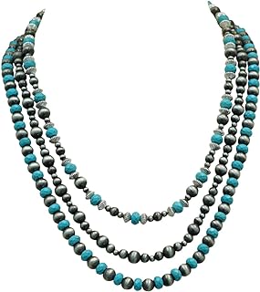 Multi-strand Navajo Pearl & Turquoise Necklace Jewelry (18”20”22” with extension of 2”) – Western Jewelry Cowgirl, Vintage Beaded, Gifts for Women (Wife, Mother, Girlfriend) in any Occasions.