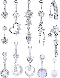 Vsnnsns 14G Belly Button Rings Belly Rings for Women Stainless Steel CZ Skull Belly Button Piercing Jewelry Belly Bars Curved Navel Ring Barbell Body Jewelry Piercing for Women Men 12-15Pcs