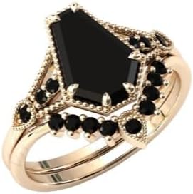 1 CT Art Deco Coffin Shaped Black Onyx Engagement Ring Set 10k Gold Vintage Black Onyx Antique Wedding Ring Set Anniversary Ring Set Gift For Her