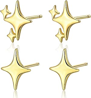2 Pairs Gold Silver Stars Stud Earrings for Women Trendy 14K Gold Stud Earrings for Teen Girls Hypoallergenic Jewelry