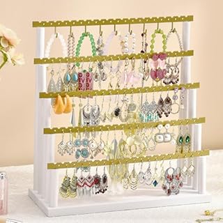 BNING Rustic Wood and Metal Hoop Earring Holder for Women, 5-Tier Jewelry Stand in Rectangular Design with Earring Hole and Hook Features, Ideal for Necklace, Bracelet and Earring Storage - White & Gold Finish