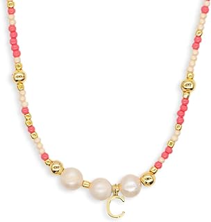 Gold Pink Beige Beaded Pearl Initial Choker Necklaces for Women Teen Girls, Boho Handmade Personalized Seed Beads Letter Name Little Necklace Beach Surfer Bohemian Jewelry Gift