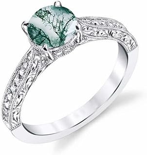 Blocaci White Gold Moss Agate Engagement Ring with Moissanite Accents, Vintage Design, Silver Options Available