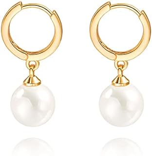 Small Gold Huggie Hoop Earrings Shell Pearl Drop Dangle Post Earrings Hanging Lightweight Handmade Jewelry for women…