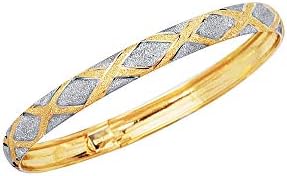 Sophisticated 10K Yellow White Gold Bangle with Textured Diamond Design, Secure Box with Tongue Clasp - 7 Inches