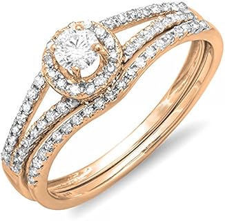 Dazzlingrock Collection 0.45 Carat (ctw) 18k Gold Round Diamond Ladies Bridal Halo Engagement Ring With Wedding Band Set 1/2 CT