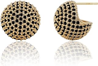 M.DUN Round Huggie Earrings - 18K Gold Plated CZ Micro Pave Stud, Push Back Disco Ball Design, with 925 Sterling Silver Post for Women