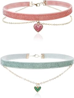 2Pcs Bling Bling Velvet Choker Necklace Set with Heart Pendant - Romantic Pastel Pink and Mint Green - Adjustable Collars for Women Girls