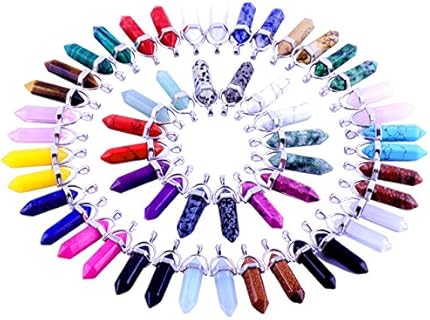 24pcs crystal stone Healing Pointed Chakra Pendants Hexagonal Gemstones Quartz Bullet Shape DIY Charm Beads Random Assorted Color for Necklace Beading Supplies Art Jewelry Making Women Girls Gift
