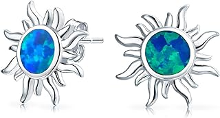 Iridescent Gemstone Celestial Summer Vacation Sun Beach Fun Created Blue Mexican Orange Opal Sunburst Stud Earrings For Women Yellow 14K Gold Plated .925 Sterling Silver October Birthstone
