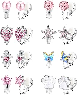 ORAZIO 8-12 Pairs Clip On Earrings For Women Egirls Silver Clip On Earrings Butterfly Flower Pearl CZ Heart Star Strawberry Egirls Clip On Earrings Pink Clip Earrings Cute Clip-On Earrings Colorful No Piercing Fake Earrings Set