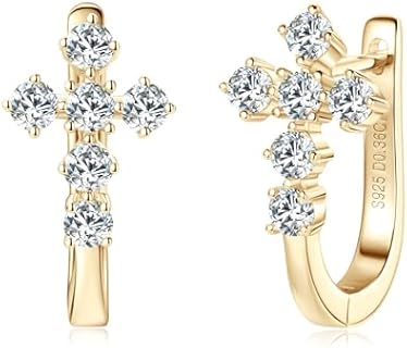 Women's Golden Cross Hoop Earrings with Moissanite Gem & 14K Yellow Gold Plating, Hypoallergenic 925 Sterling Silver Jewelry Ideal for Sensitive Ears