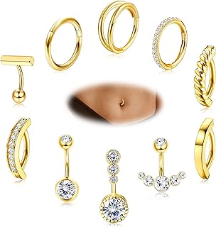 YADOCA 10Pcs Clicker Belly Button Ring for Women Surgical Steel CZ Belly Rings Simple Bar Reverse Curved Navel Rings Hoop Clicker Segment Belly Barbell Piercing Jewelry Gold Silver Rose Gold Tone 14G
