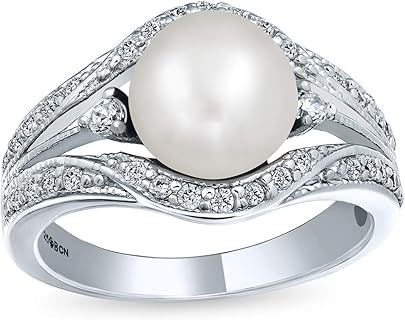 Bague De Fiancailles ESROVER En Argent Sterling Avec Perle De Culture D'Eau Douce, Pierres Latérales Cz Et Personnalisable - Taille 52 Idéale Pour Femmes Élégantes