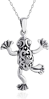 Charming Sterling Silver Frog Pendant Necklace with Spring Ring Clasp for Men and Women, Filigree Design