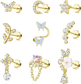 LOLIAS 16G Stainless Steel Cartilage Stud Earrings with Cubic Zirconia - Variety Leaf and Butterfly Design with Screw and Push Back Finding for Women