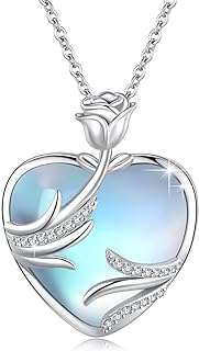 Rose Flower Necklace 925 Sterling Silver Women Necklace, Heart Pendant Moonstone Jewelry Gifts for Women Mom Wife Girls Her Lady Birthday Gifts Mothers Day Gifts Created Gemstone