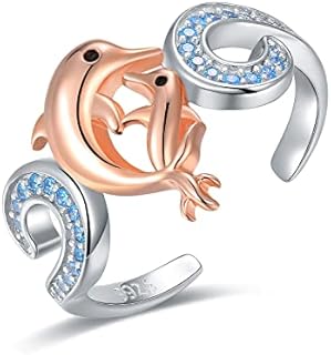 Silver Dolphin Wave Ring for Women - 925-Sterling-Silver Delicate Wave Dolphin Engagement Rings for Women, Cute Adjustable Rose Gold Dolphins with Wave Jewelry Thumb Toe Ring Christmas Gifts for Girls