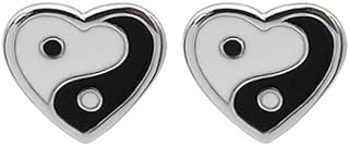 925 Sterling Silver Yin Yang Stud Earrings with Love Heart Enamel Design and Push Back - Beautiful Hypoallergenic Jewelry Gift for Women and Girls