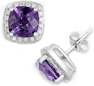 Stylish KOKAV 14K White Gold Stud Earrings with Cushion-Cut Genuine Amethyst 6mm, 1/6ct Diamond Accents and Push-Back Design