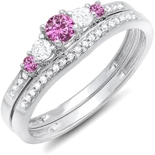Dazzlingrock Collection 14K Round Pink Sapphire And White Diamond 5 Stone Bridal Engagement Ring Matching Band Set, White Gold