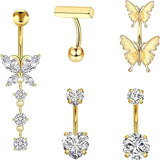 BLZ 14G Stainless Steel Belly Button Rings Dangle Navel Rings for Women Girls 5pcs Belly Piercing CZ Inlaid