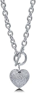 BERRICLE Heart Cubic Zirconia CZ Anniversary Toggle Pendant Necklace for Women, Silver-Tone