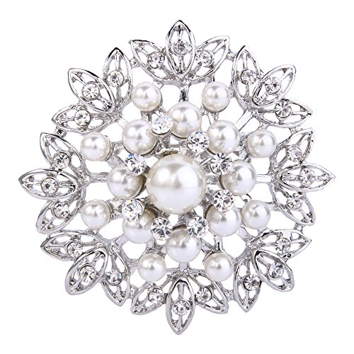 EVER FAITH Women's Wedding Corsage Clear Crystal Simulated Pearl Elegant Flower Leaf Brooch for Women, Bride