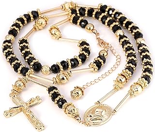 L & L Nation Gold & Black Tone 39" Glass Beaded Chain Jesus Rosary Cross Pendant w/Prayer Hands Charm Necklace…