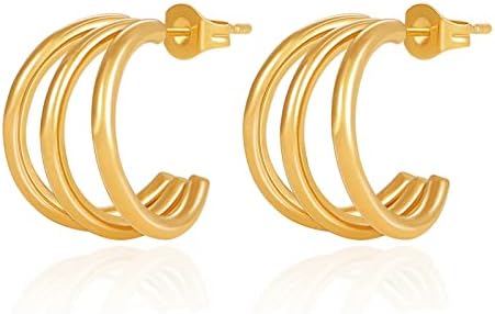18K Yellow Gold-Plated Stainless Steel Triple Hoop Earrings for Women, Hypoallergenic Split Open Design with Push Back Closure, Ideal Jewelry Gift for Women and Girls