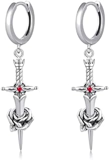 925 Sterling Silver Gothic Sword Stud Earrings with Hinged Hoop and Cubic Zirconia for Men and Women - Snake Ankh, Upside Down Cross, Dragon, Cross, Horse, Tiger, Angel, Jade Wing Designs Available - Perfect Baptism Gift