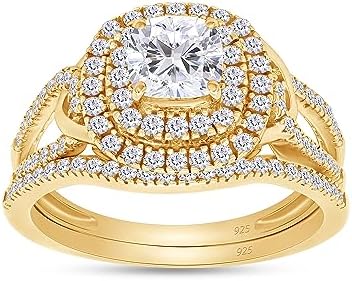 SAVEARTH 1CT 5MM Cushion Cut Moissanite Double Halo Split Shank Bridal Ring in 14K Rose Gold Over Sterling Silver for Women