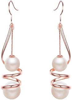 French Wire Clasp Rose Gold EleQueen Women's Simulated Pearl Dangle Earrings with Spiral Design for Wedding or Prom Events