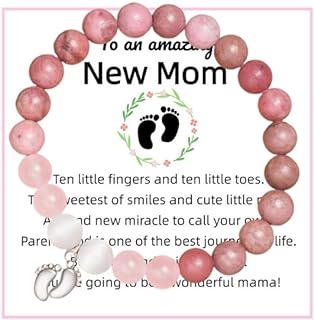 New Mom Gifts Natural Stone Bracelets Mommy to Be Footprint Stretchy Beaded Bracelet First Time Moms with Message Gift Card