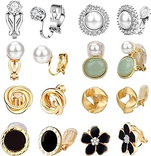 Hypoallergenic Goldstone Clip-On Earrings by Hicdaw - Non-Pierced Stainless Steel Earrings Set with Rose Flower, CZ Pearl and Twist Knot Designs - Ideal for Women and Girls