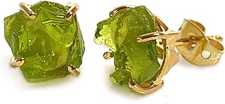 Raw Moldavite Quartz Gemstone Studs, 14K Gold Plated Stud Earring, Stud Earring For Women, Prong Stud Earrings, Green Gemstone Earrings, Rare Jewelry, Gift For Her, 6-7 MM Stud By CHARMSANDSPELLS